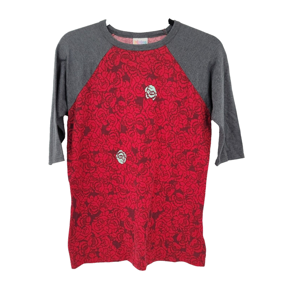 LuLaRoe Kids Size 14 Sloan Red Gray Roses Print Shirt